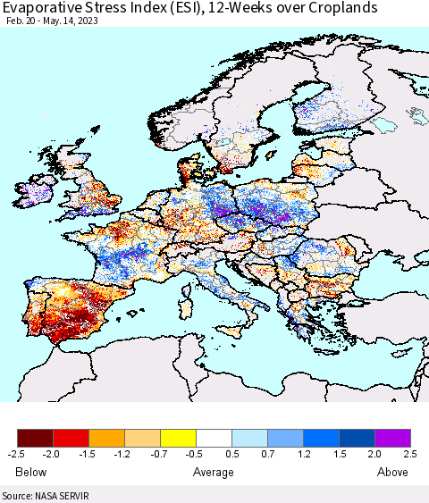 Europe Evaporative Stress Index (ESI), 12-Weeks over Croplands Thematic Map For 5/8/2023 - 5/14/2023