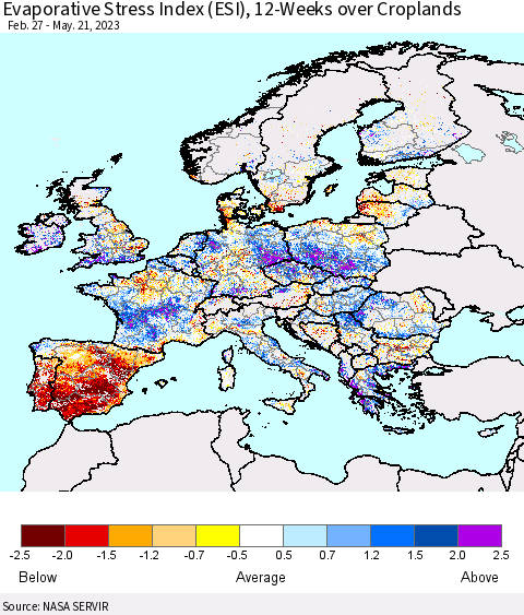 Europe Evaporative Stress Index (ESI), 12-Weeks over Croplands Thematic Map For 5/15/2023 - 5/21/2023