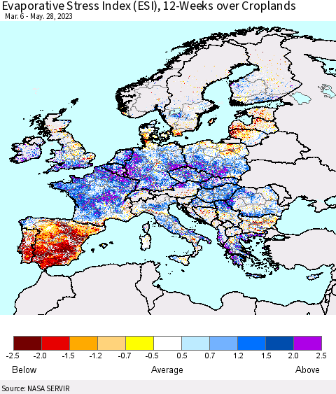 Europe Evaporative Stress Index (ESI), 12-Weeks over Croplands Thematic Map For 5/22/2023 - 5/28/2023