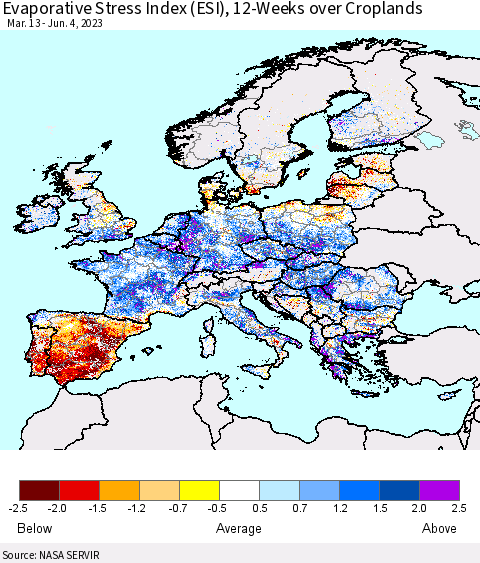 Europe Evaporative Stress Index (ESI), 12-Weeks over Croplands Thematic Map For 5/29/2023 - 6/4/2023