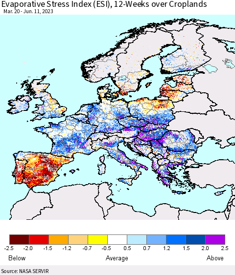 Europe Evaporative Stress Index (ESI), 12-Weeks over Croplands Thematic Map For 6/5/2023 - 6/11/2023