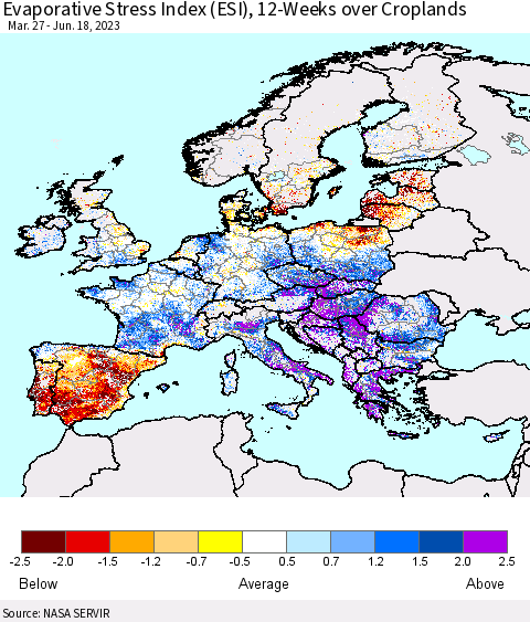 Europe Evaporative Stress Index (ESI), 12-Weeks over Croplands Thematic Map For 6/12/2023 - 6/18/2023