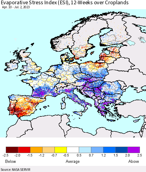 Europe Evaporative Stress Index (ESI), 12-Weeks over Croplands Thematic Map For 6/26/2023 - 7/2/2023