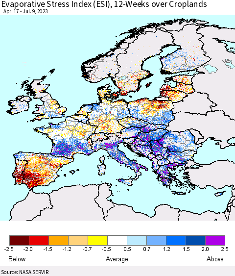 Europe Evaporative Stress Index (ESI), 12-Weeks over Croplands Thematic Map For 7/3/2023 - 7/9/2023