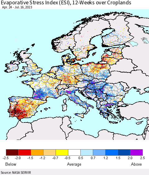 Europe Evaporative Stress Index (ESI), 12-Weeks over Croplands Thematic Map For 7/10/2023 - 7/16/2023