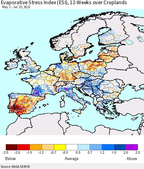 Europe Evaporative Stress Index (ESI), 12-Weeks over Croplands Thematic Map For 7/17/2023 - 7/23/2023