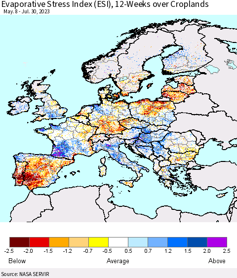 Europe Evaporative Stress Index (ESI), 12-Weeks over Croplands Thematic Map For 7/24/2023 - 7/30/2023
