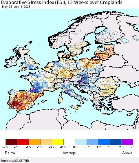 Europe Evaporative Stress Index (ESI), 12-Weeks over Croplands Thematic Map For 7/31/2023 - 8/6/2023