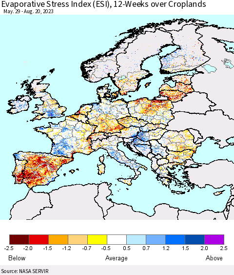 Europe Evaporative Stress Index (ESI), 12-Weeks over Croplands Thematic Map For 8/14/2023 - 8/20/2023