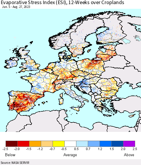 Europe Evaporative Stress Index (ESI), 12-Weeks over Croplands Thematic Map For 8/21/2023 - 8/27/2023