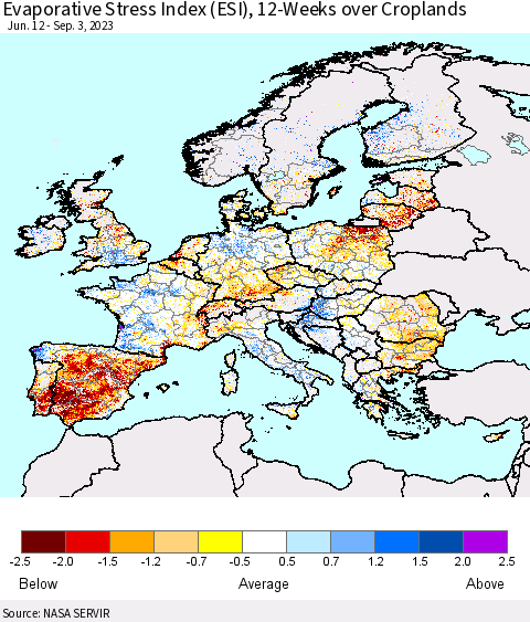 Europe Evaporative Stress Index (ESI), 12-Weeks over Croplands Thematic Map For 8/28/2023 - 9/3/2023
