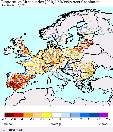 Europe Evaporative Stress Index (ESI), 12-Weeks over Croplands Thematic Map For 9/4/2023 - 9/10/2023
