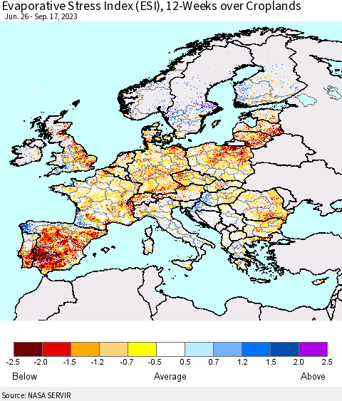 Europe Evaporative Stress Index (ESI), 12-Weeks over Croplands Thematic Map For 9/11/2023 - 9/17/2023