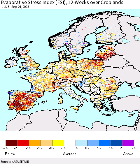 Europe Evaporative Stress Index (ESI), 12-Weeks over Croplands Thematic Map For 9/18/2023 - 9/24/2023