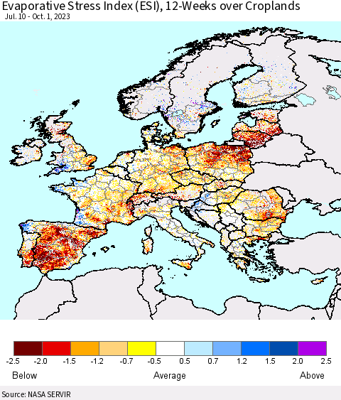 Europe Evaporative Stress Index (ESI), 12-Weeks over Croplands Thematic Map For 9/25/2023 - 10/1/2023