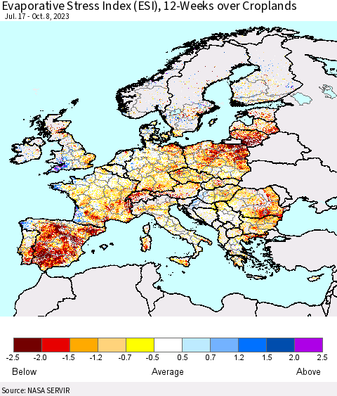 Europe Evaporative Stress Index (ESI), 12-Weeks over Croplands Thematic Map For 10/2/2023 - 10/8/2023