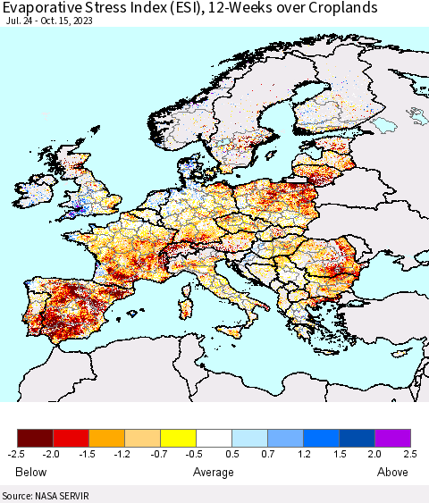 Europe Evaporative Stress Index (ESI), 12-Weeks over Croplands Thematic Map For 10/9/2023 - 10/15/2023