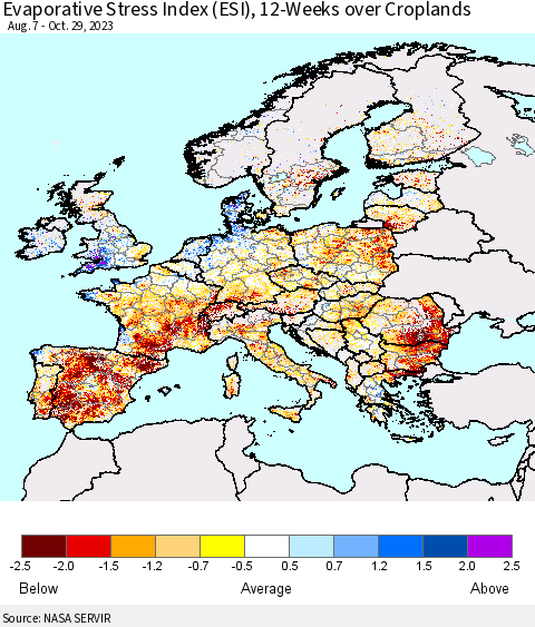 Europe Evaporative Stress Index (ESI), 12-Weeks over Croplands Thematic Map For 10/23/2023 - 10/29/2023