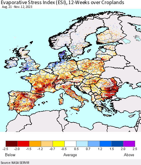 Europe Evaporative Stress Index (ESI), 12-Weeks over Croplands Thematic Map For 11/6/2023 - 11/12/2023