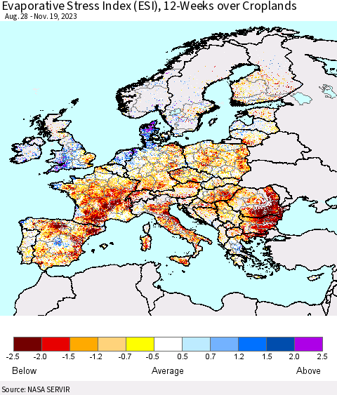 Europe Evaporative Stress Index (ESI), 12-Weeks over Croplands Thematic Map For 11/13/2023 - 11/19/2023
