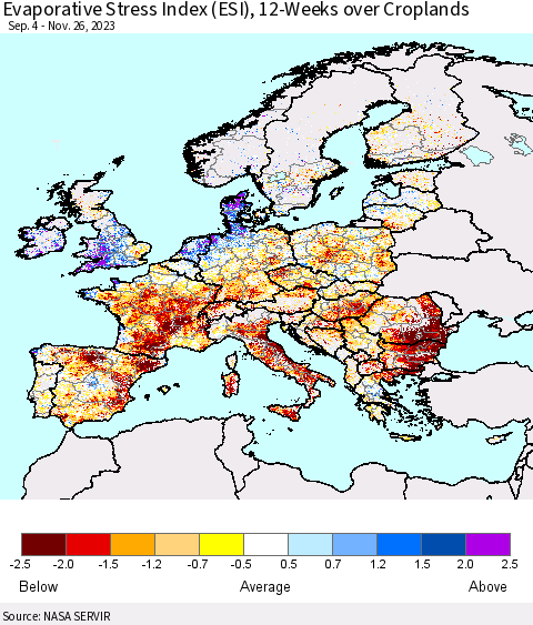Europe Evaporative Stress Index (ESI), 12-Weeks over Croplands Thematic Map For 11/20/2023 - 11/26/2023