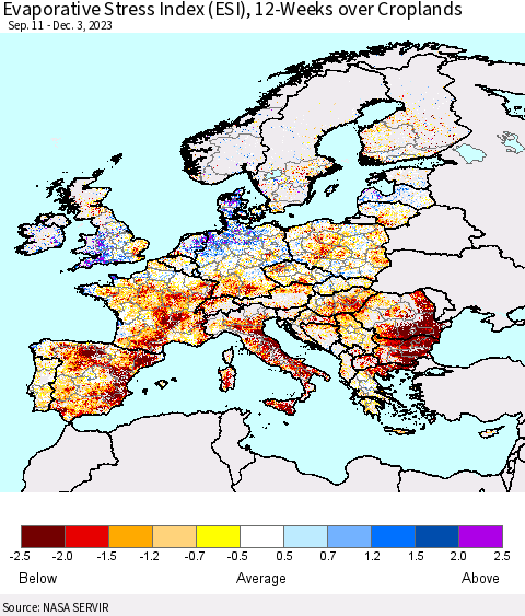 Europe Evaporative Stress Index (ESI), 12-Weeks over Croplands Thematic Map For 11/27/2023 - 12/3/2023