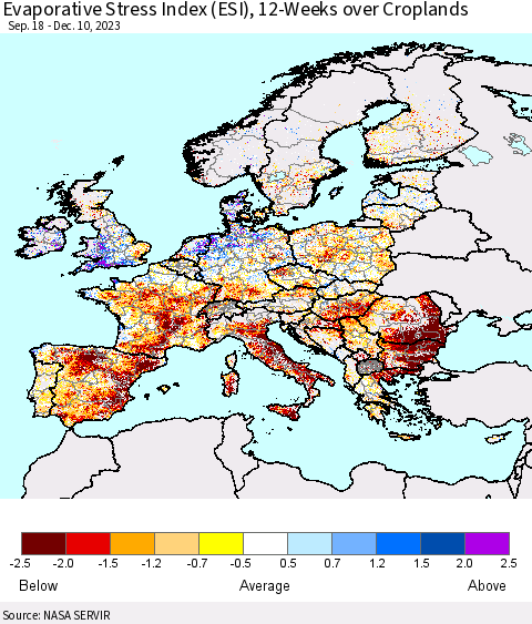 Europe Evaporative Stress Index (ESI), 12-Weeks over Croplands Thematic Map For 12/4/2023 - 12/10/2023