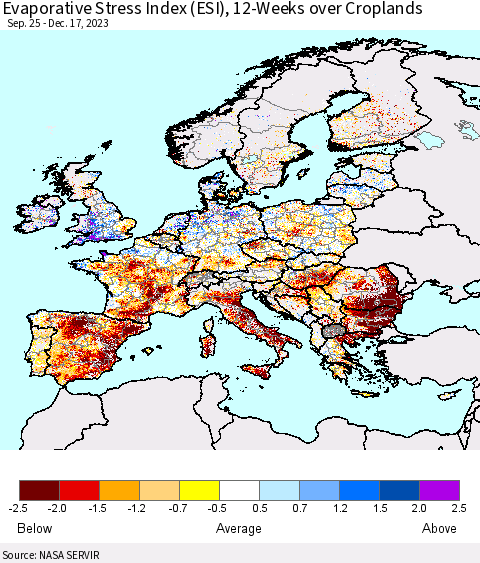 Europe Evaporative Stress Index (ESI), 12-Weeks over Croplands Thematic Map For 12/11/2023 - 12/17/2023