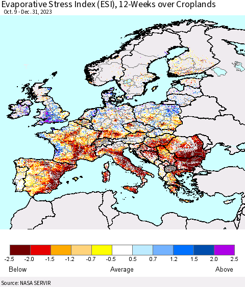 Europe Evaporative Stress Index (ESI), 12-Weeks over Croplands Thematic Map For 12/25/2023 - 12/31/2023