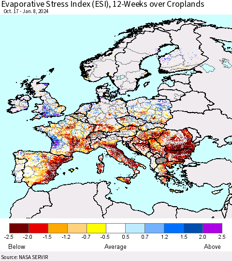 Europe Evaporative Stress Index (ESI), 12-Weeks over Croplands Thematic Map For 1/8/2024 - 1/14/2024