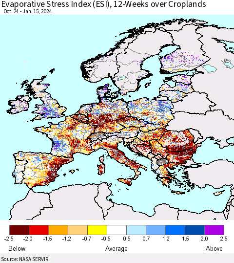 Europe Evaporative Stress Index (ESI), 12-Weeks over Croplands Thematic Map For 1/15/2024 - 1/21/2024