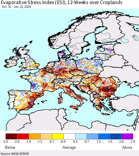 Europe Evaporative Stress Index (ESI), 12-Weeks over Croplands Thematic Map For 1/22/2024 - 1/28/2024