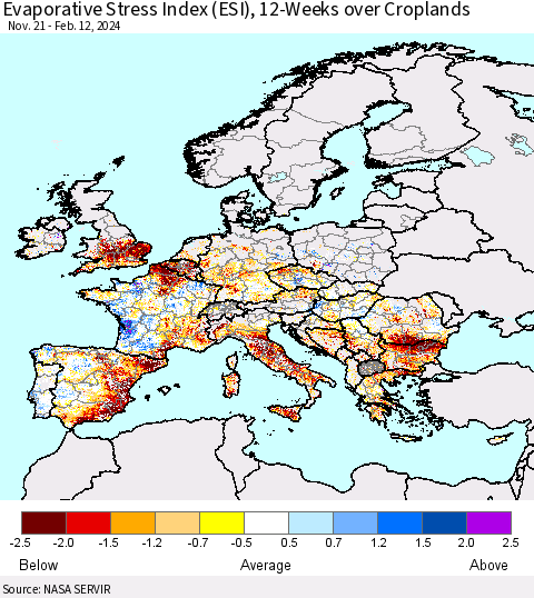 Europe Evaporative Stress Index (ESI), 12-Weeks over Croplands Thematic Map For 2/12/2024 - 2/18/2024