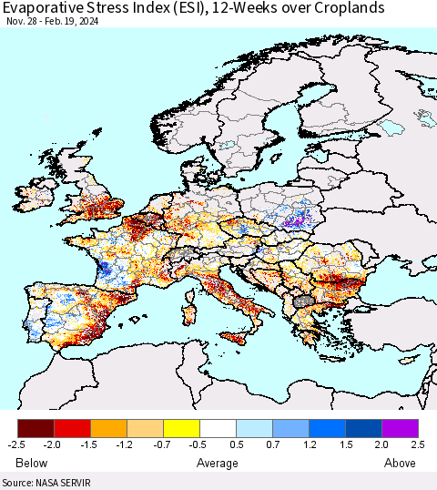 Europe Evaporative Stress Index (ESI), 12-Weeks over Croplands Thematic Map For 2/19/2024 - 2/25/2024
