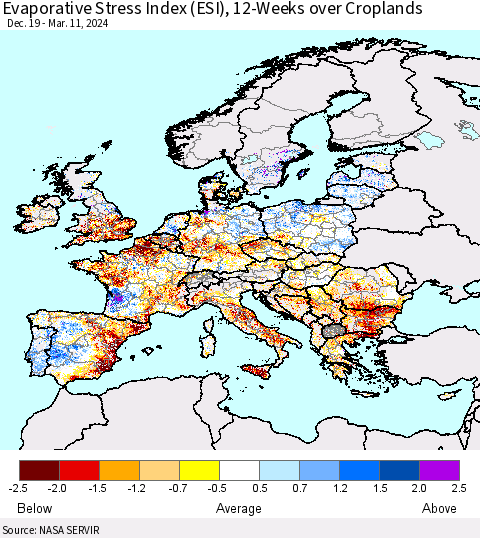 Europe Evaporative Stress Index (ESI), 12-Weeks over Croplands Thematic Map For 3/11/2024 - 3/17/2024