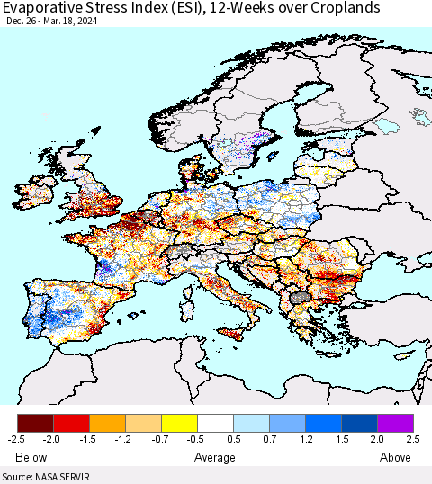 Europe Evaporative Stress Index (ESI), 12-Weeks over Croplands Thematic Map For 3/18/2024 - 3/24/2024