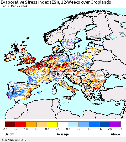 Europe Evaporative Stress Index (ESI), 12-Weeks over Croplands Thematic Map For 3/25/2024 - 3/31/2024