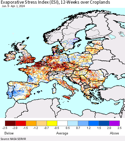 Europe Evaporative Stress Index (ESI), 12-Weeks over Croplands Thematic Map For 4/1/2024 - 4/7/2024