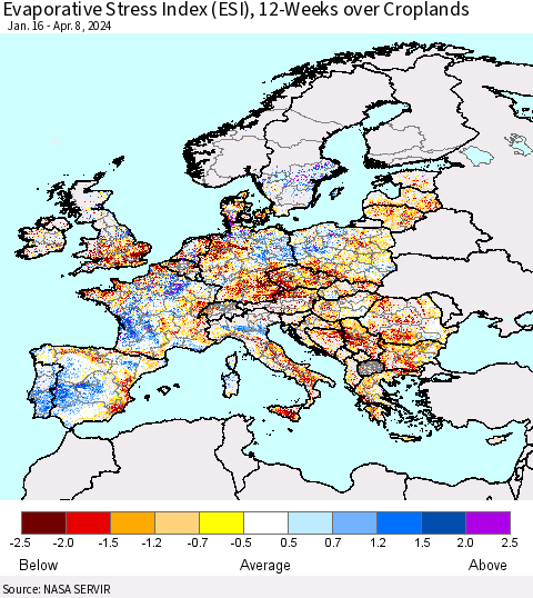 Europe Evaporative Stress Index (ESI), 12-Weeks over Croplands Thematic Map For 4/8/2024 - 4/14/2024