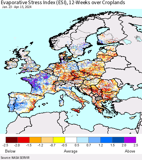 Europe Evaporative Stress Index (ESI), 12-Weeks over Croplands Thematic Map For 4/15/2024 - 4/21/2024