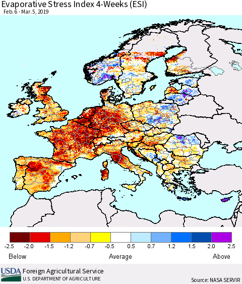 Europe Evaporative Stress Index (ESI), 4-Weeks Thematic Map For 3/4/2019 - 3/10/2019