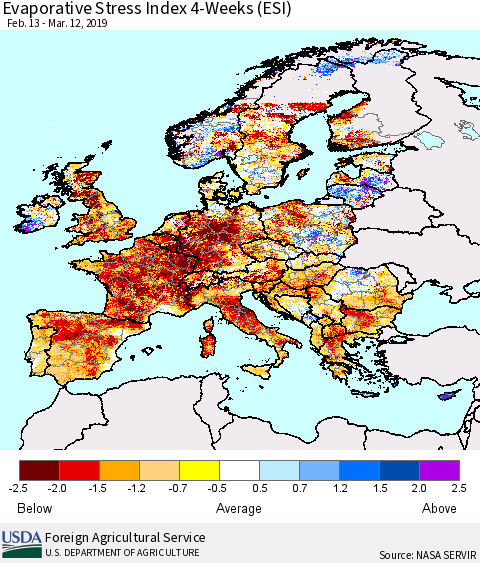 Europe Evaporative Stress Index (ESI), 4-Weeks Thematic Map For 3/11/2019 - 3/17/2019