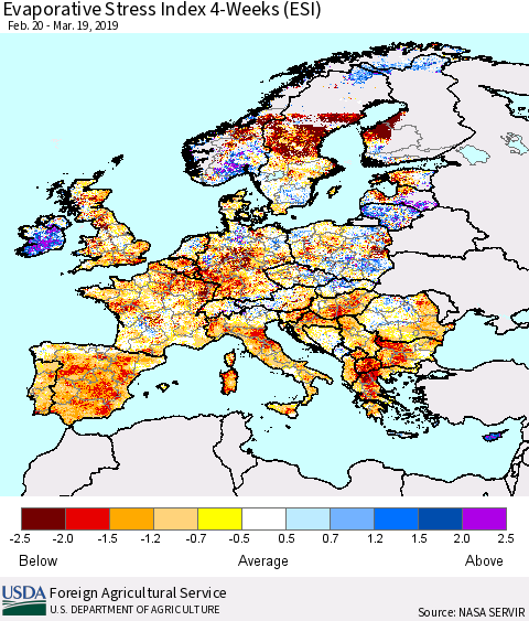 Europe Evaporative Stress Index (ESI), 4-Weeks Thematic Map For 3/18/2019 - 3/24/2019