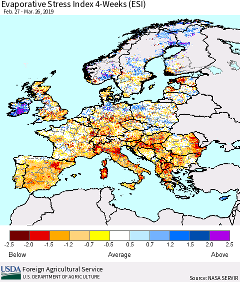 Europe Evaporative Stress Index (ESI), 4-Weeks Thematic Map For 3/25/2019 - 3/31/2019