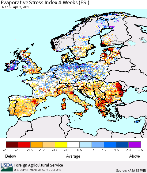 Europe Evaporative Stress Index (ESI), 4-Weeks Thematic Map For 4/1/2019 - 4/7/2019