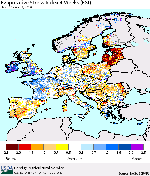 Europe Evaporative Stress Index (ESI), 4-Weeks Thematic Map For 4/8/2019 - 4/14/2019