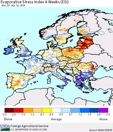 Europe Evaporative Stress Index (ESI), 4-Weeks Thematic Map For 4/15/2019 - 4/21/2019
