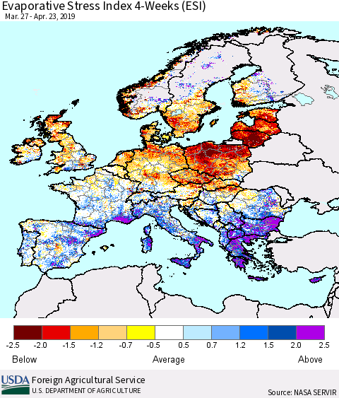 Europe Evaporative Stress Index (ESI), 4-Weeks Thematic Map For 4/22/2019 - 4/28/2019