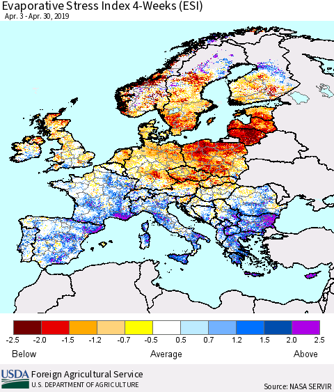 Europe Evaporative Stress Index (ESI), 4-Weeks Thematic Map For 4/29/2019 - 5/5/2019