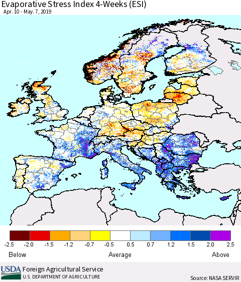 Europe Evaporative Stress Index (ESI), 4-Weeks Thematic Map For 5/6/2019 - 5/12/2019